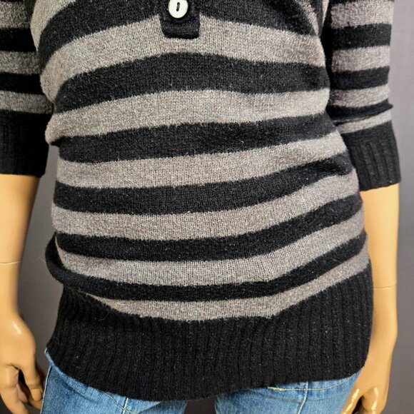 Y2K Striped Hooded Skinny Sweater Size S Emo Grunge Gray Black Long Henley - Picture 3 of 9